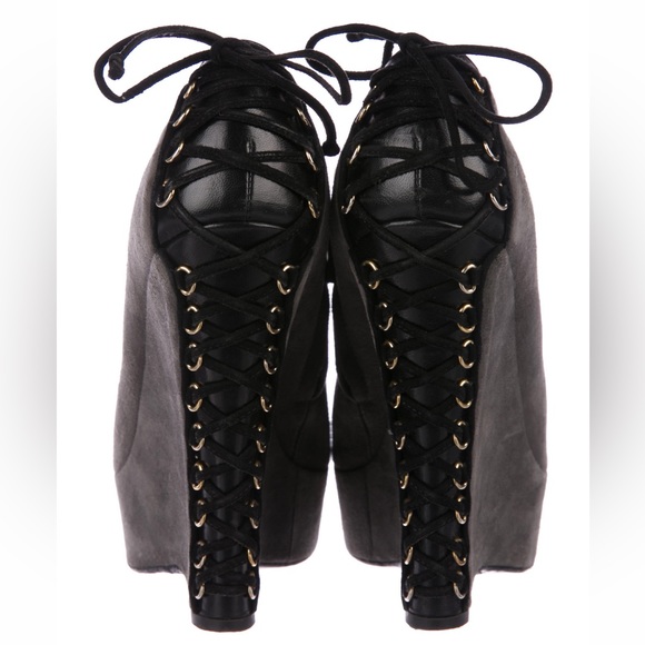 💯AUTH YSL YVES SAINT LAURENT LACE UP 7.5 37.5 WAVE HEEL PLATFORM ANKLE BOOT - Picture 2 of 6